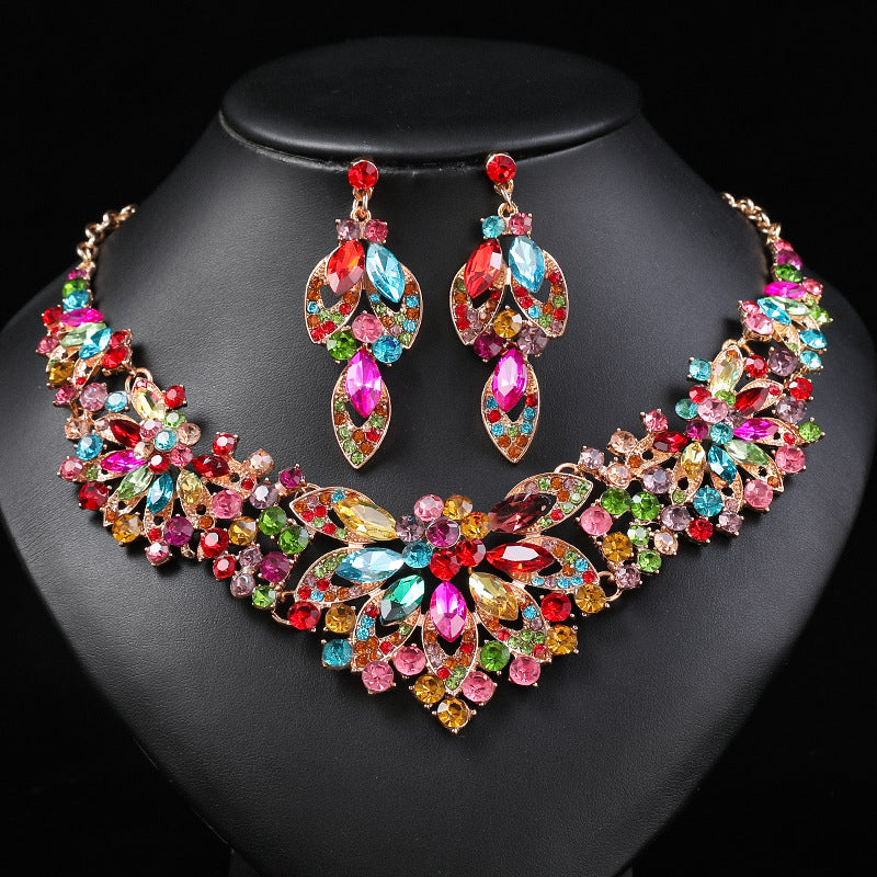European and American cross-border retro necklace suit women's 2-Piece Set leaves flowers exaggerated luxury jewelry New Bride wedding accessories