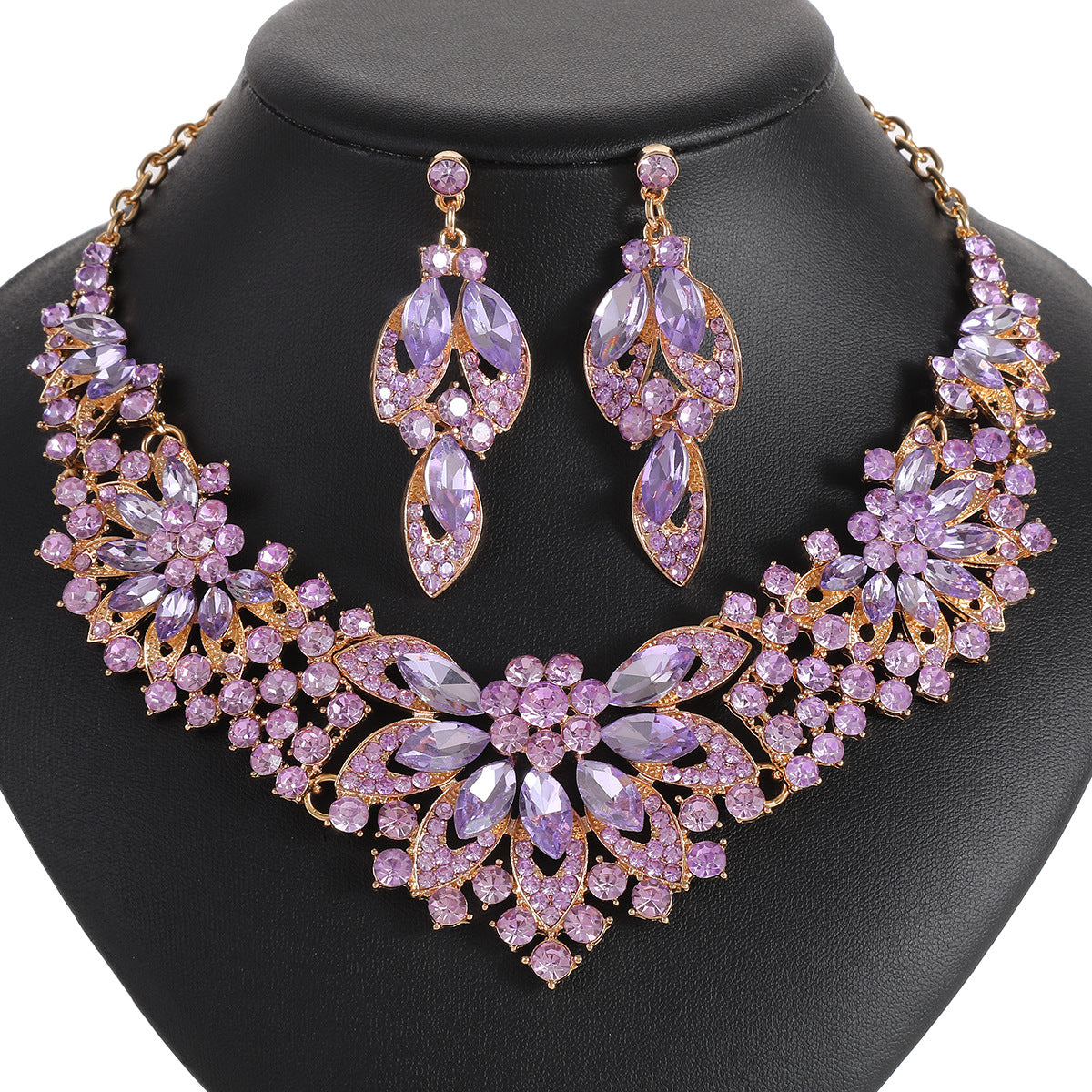 European and American cross-border retro necklace suit women's 2-Piece Set leaves flowers exaggerated luxury jewelry New Bride wedding accessories